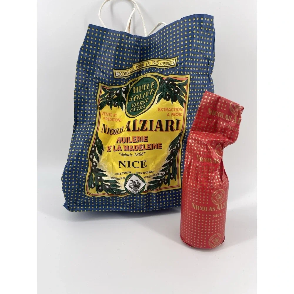Vintage Nicolas Alziari Nice France Wrapped Olive Oil Bottle‎ & Tote Bag